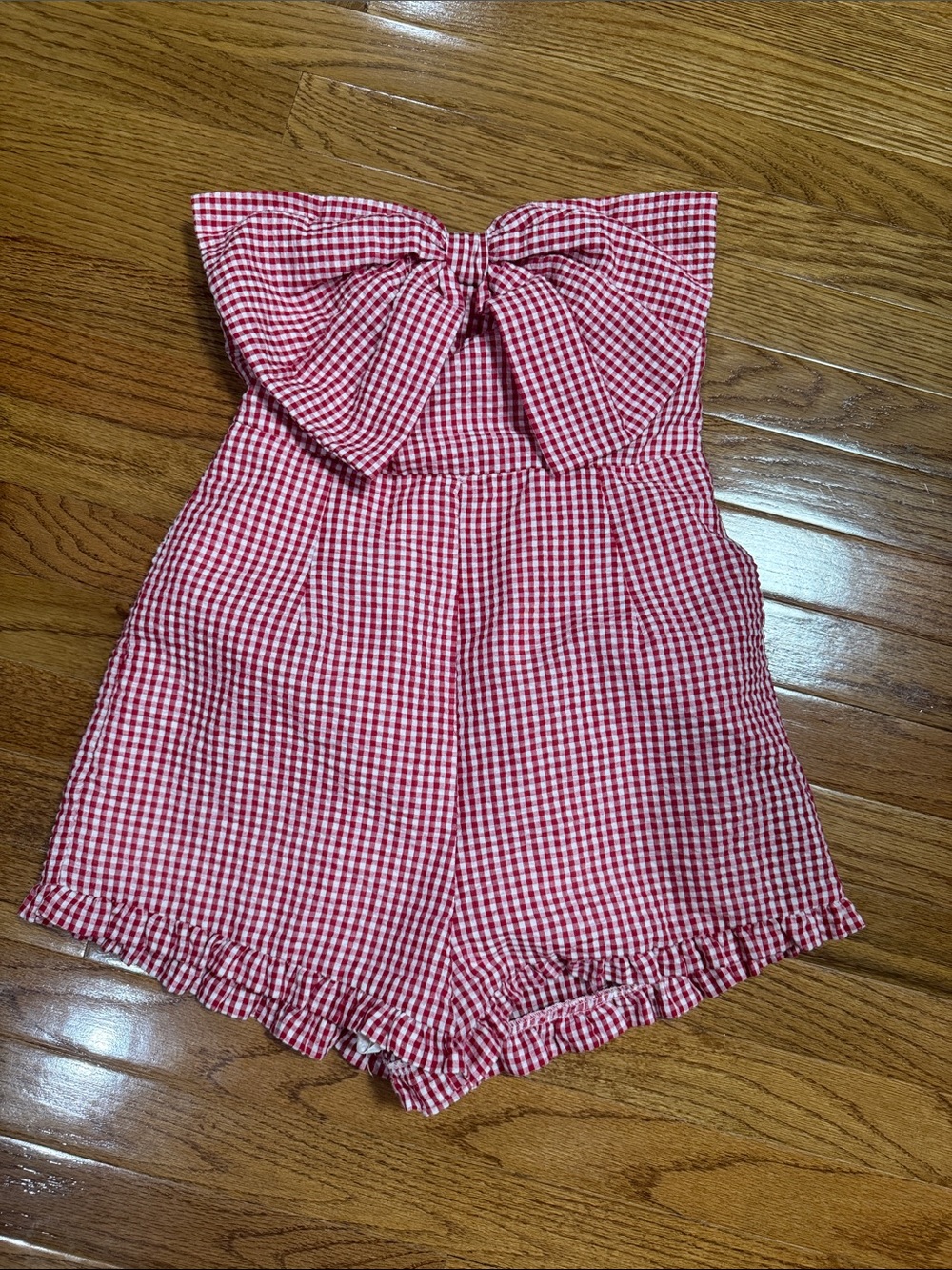 Red Gingham Strapless Bow-Front Romper